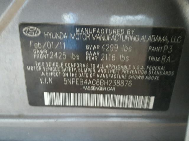 5NPEB4AC6BH238876 - 2011 HYUNDAI SONATA GLS GRAY photo 10