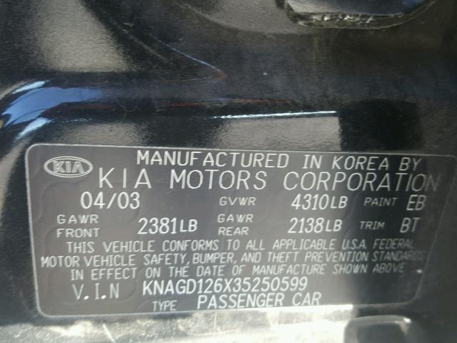 KNAGD126X35250599 - 2003 KIA OPTIMA LX BLACK photo 10