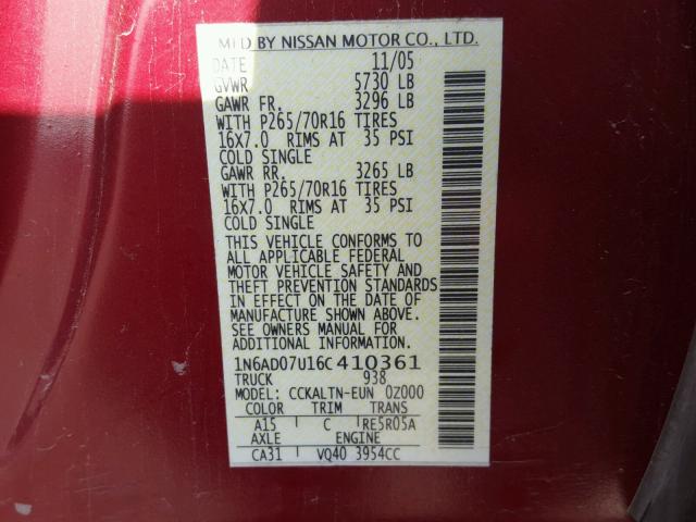 1N6AD07U16C410361 - 2006 NISSAN FRONTIER C RED photo 10