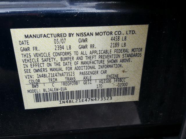 1N4BL21E47N473523 - 2007 NISSAN ALTIMA 3.5 BLUE photo 10