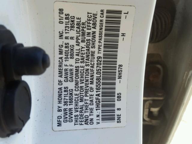 1HGFA16558L057029 - 2008 HONDA CIVIC LX WHITE photo 10