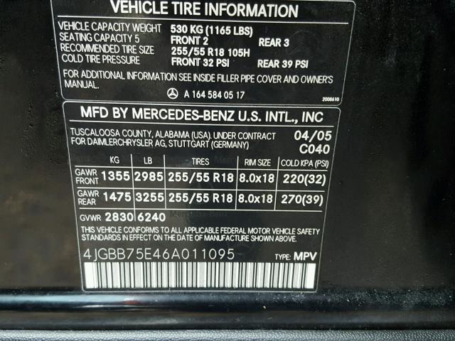 4JGBB75E46A011095 - 2006 MERCEDES-BENZ ML 500 BLACK photo 10