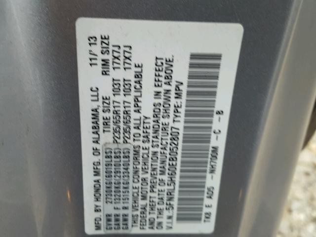 5FNRL5H60EB052807 - 2014 HONDA ODYSSEY EX SILVER photo 10