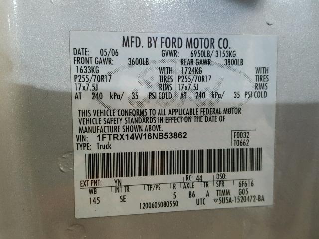 1FTRX14W16NB53862 - 2006 FORD F150 SILVER photo 10