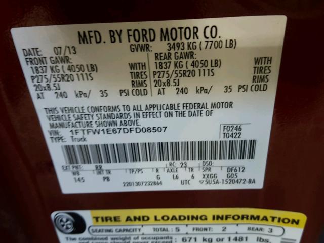 1FTFW1E67DFD08507 - 2013 FORD F150 SUPER RED photo 10