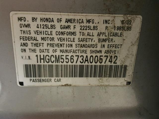 1HGCM55673A005742 - 2003 HONDA ACCORD EX SILVER photo 10