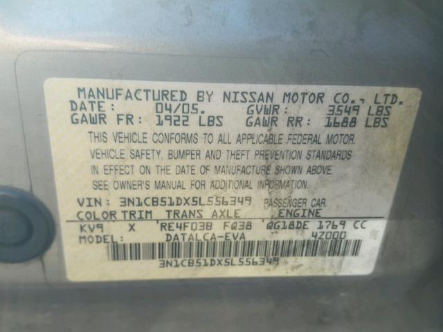 3N1CB51DX5L556349 - 2005 NISSAN SENTRA 1.8 GRAY photo 10