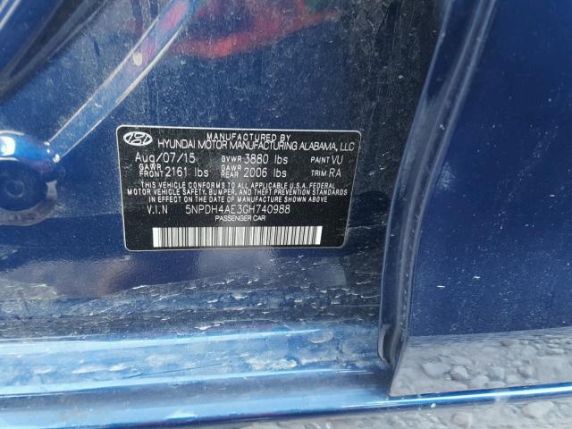 5NPDH4AE3GH740988 - 2016 HYUNDAI ELANTRA SE BLUE photo 10