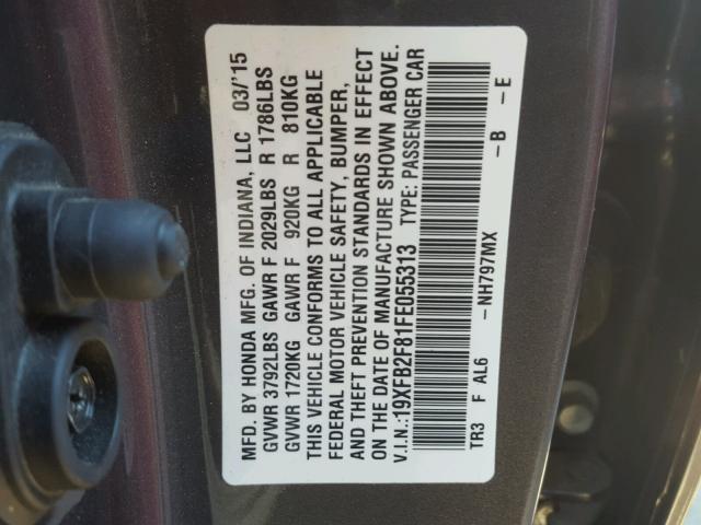 19XFB2F81FE055313 - 2015 HONDA CIVIC EX ნაცრისფერი ფოტო 10