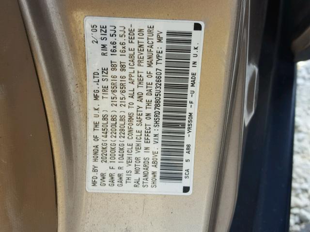 SHSRD78805U326607 - 2005 HONDA CR-V EX ოქროსფერი ფოტო 10