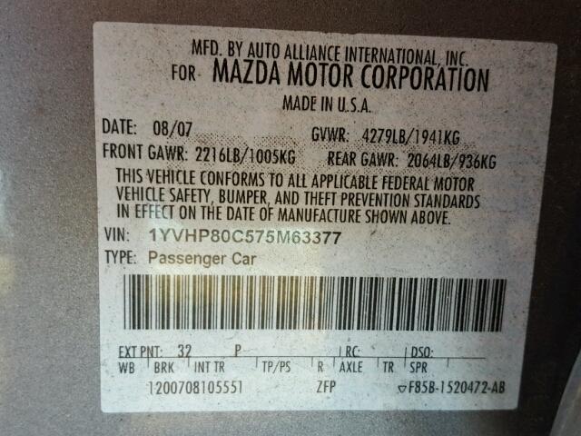 1YVHP80C575M63377 - 2007 MAZDA 6 GRAY photo 10