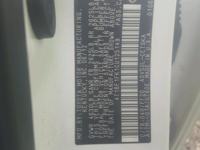 4T1BF1FK1CU125149 - 2012 TOYOTA CAMRY BASE WHITE photo 10