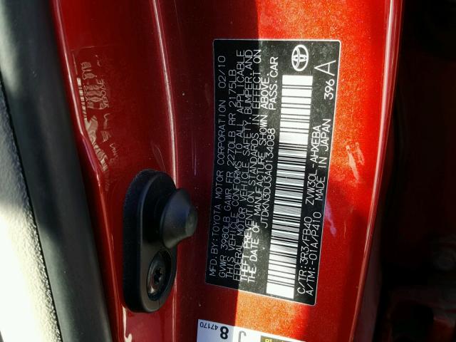 JTDKN3DU3A0134088 - 2010 TOYOTA PRIUS RED photo 10