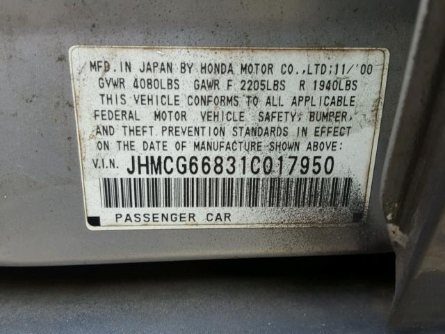 JHMCG66831C017950 - 2001 HONDA ACCORD EX GRAY photo 10