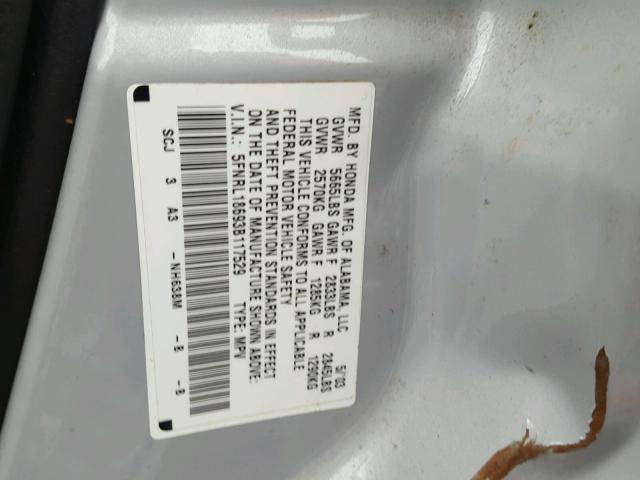 5FNRL18693B117529 - 2003 HONDA ODYSSEY EX SILVER photo 10