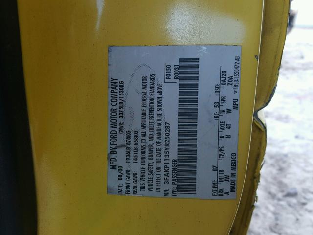 3FAKP1135YR250287 - 2000 FORD ESCORT ZX2 YELLOW photo 10