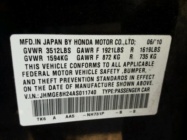 JHMGE8H24AS011740 - 2010 HONDA FIT BLACK photo 10