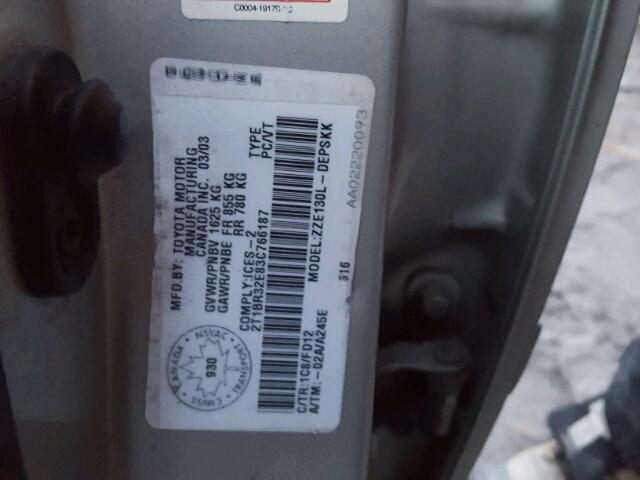 2T1BR32E83C766187 - 2003 TOYOTA COROLLA CE GRAY photo 10