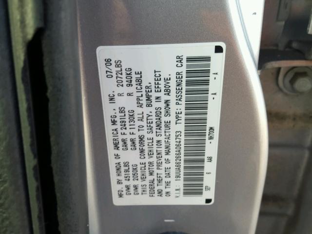 19UUA66266A064753 - 2006 ACURA 3.2TL SILVER photo 10