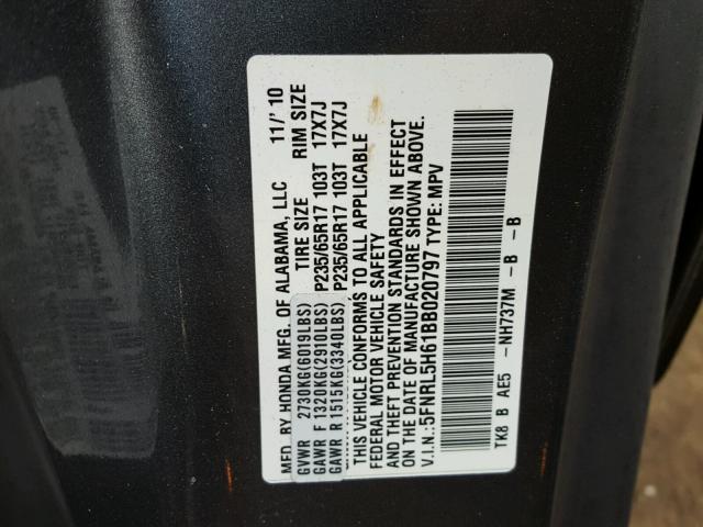 5FNRL5H61BB020797 - 2011 HONDA ODYSSEY EX GRAY photo 10