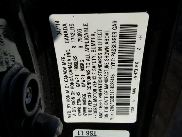 2HGFG3B51EH522446 - 2014 HONDA CIVIC LX BLACK photo 10