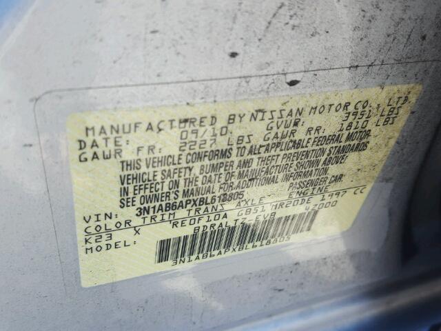 3N1AB6APXBL618805 - 2011 NISSAN SENTRA 2.0 SILVER photo 10