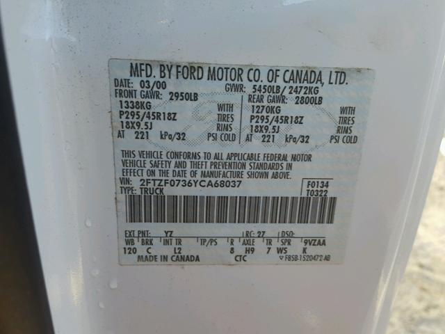 2FTZF0736YCA68037 - 2000 FORD F150 SVT L WHITE photo 10