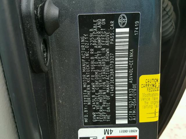 4T4BF3EK3BR179327 - 2011 TOYOTA CAMRY BASE GRAY photo 10