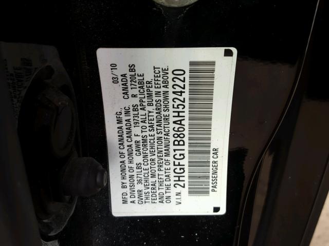 2HGFG1B86AH524220 - 2010 HONDA CIVIC EX BLACK photo 10