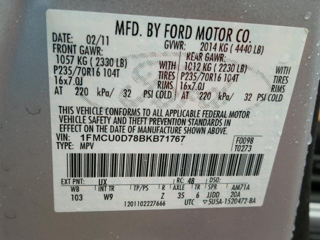 1FMCU0D78BKB71767 - 2011 FORD ESCAPE XLT SILVER photo 10