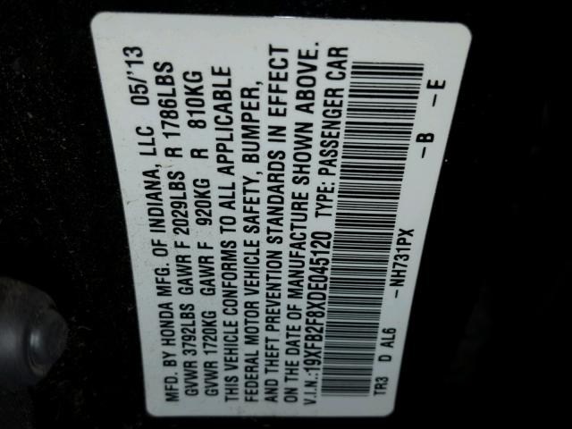 19XFB2F8XDE045120 - 2013 HONDA CIVIC EX BLACK photo 10