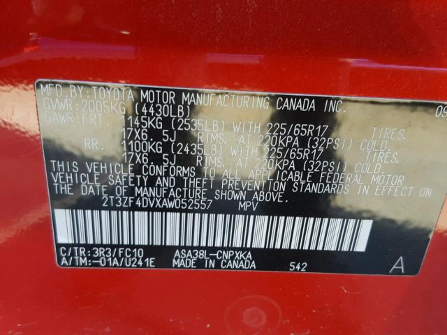 2T3ZF4DVXAW052557 - 2010 TOYOTA RAV4 RED photo 10