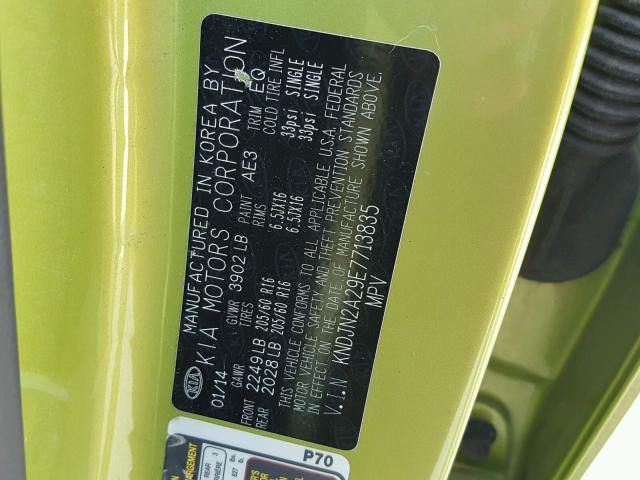 KNDJN2A29E7713835 - 2014 KIA SOUL GREEN photo 10