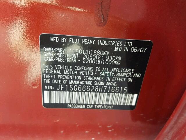 JF1SG66628H716615 - 2008 SUBARU FORESTER S RED photo 10