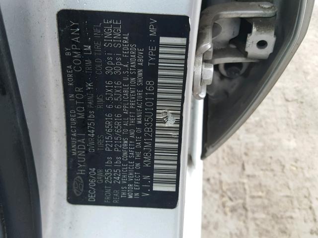 KM8JM12B35U101168 - 2005 HYUNDAI TUCSON GL SILVER photo 10