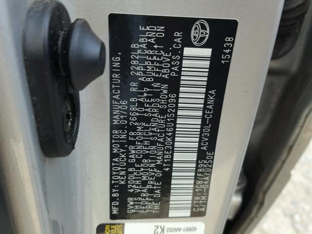 4T1BE30K46U152096 - 2006 TOYOTA CAMRY LE ვერცხლისფერი ფოტო 10