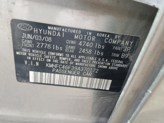 KMHFC46F39A370172 - 2009 HYUNDAI AZERA SE GRAY photo 10