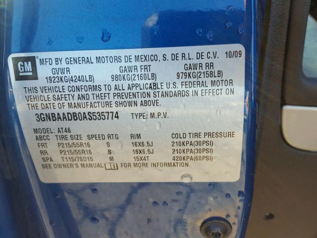 3GNBAADB0AS535774 - 2010 CHEVROLET HHR LS BLUE photo 10