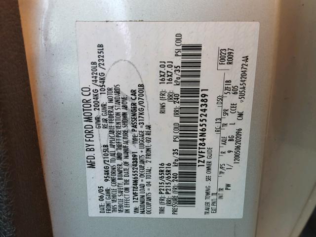1ZVFT84N655243891 - 2005 FORD MUSTANG SILVER photo 10