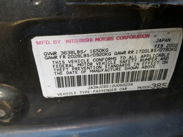 JA3AJ26E12U060234 - 2002 MITSUBISHI LANCER ES GRAY photo 10