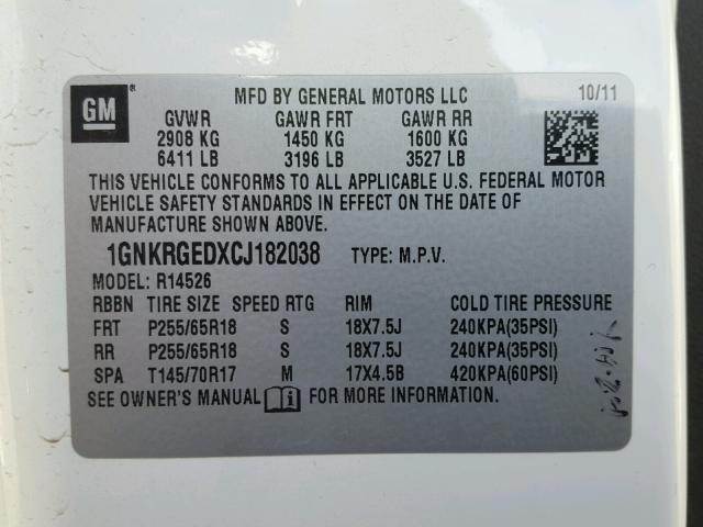 1GNKRGEDXCJ182038 - 2012 CHEVROLET TRAVERSE L WHITE photo 10