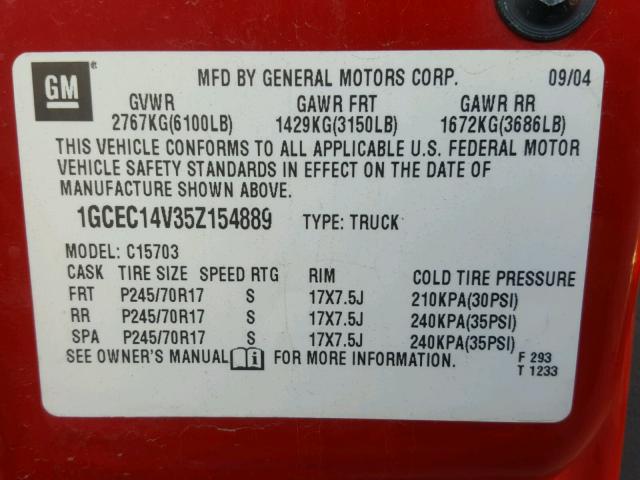 1GCEC14V35Z154889 - 2005 CHEVROLET SILVERADO RED photo 10