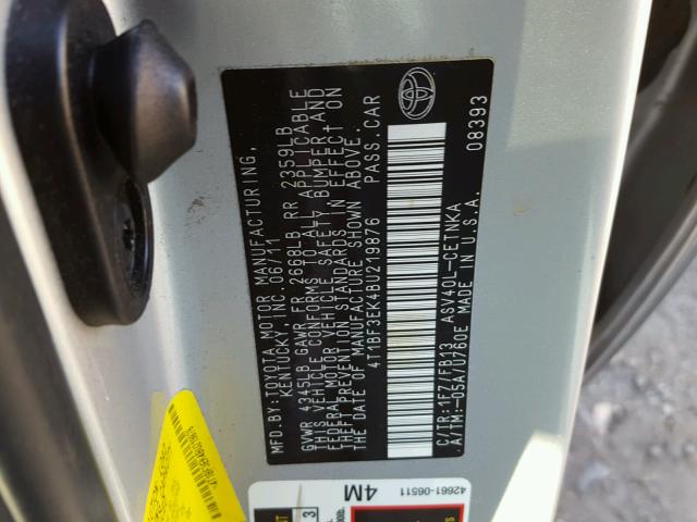 4T1BF3EK4BU219876 - 2011 TOYOTA CAMRY BASE SILVER photo 10