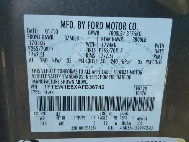 1FTEW1E8XAFB36742 - 2010 FORD F150 SUPER GRAY photo 10