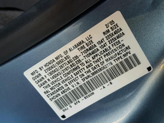 5FNRL38865B062778 - 2005 HONDA ODYSSEY TO BLUE photo 10