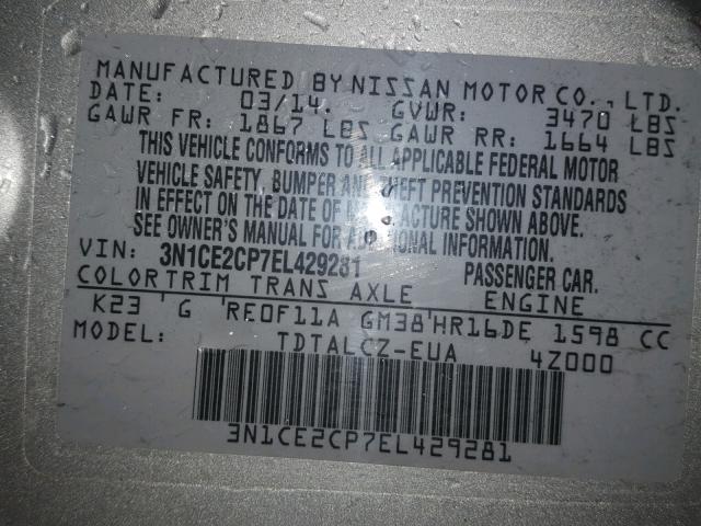 3N1CE2CP7EL429281 - 2014 NISSAN VERSA NOTE GRAY photo 10