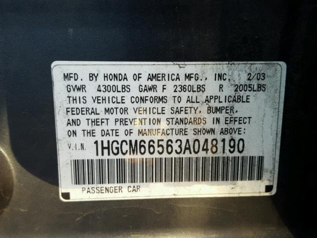 1HGCM66563A048190 - 2003 HONDA ACCORD EX GRAY photo 10