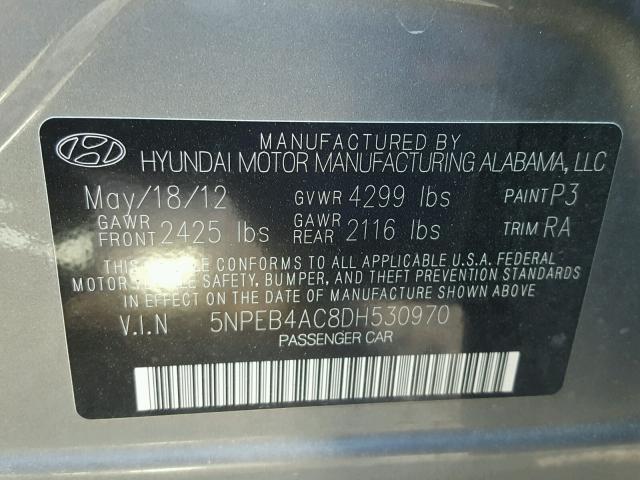 5NPEB4AC8DH530970 - 2013 HYUNDAI SONATA GLS GRAY photo 10