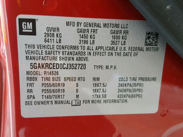 5GAKRCED0CJ352720 - 2012 BUICK ENCLAVE RED photo 10