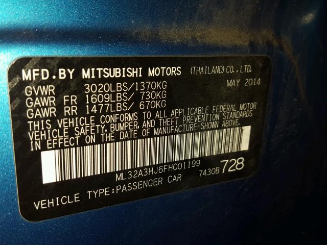 ML32A3HJ6FH001199 - 2015 MITSUBISHI MIRAGE DE BLUE photo 10